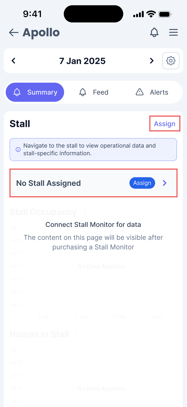 Phone screen of a page titled Apollo and 2 assign buttons on the page being highlighted