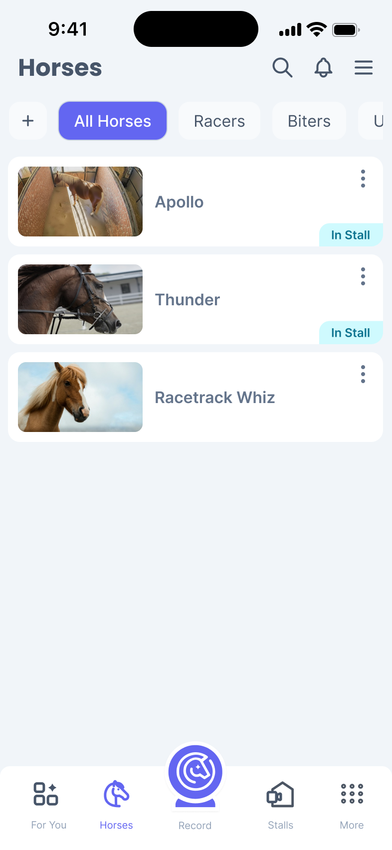 Phone screen of the Horses page updated with video feed showing for Apollo and a tag added to the base of Apollo’s card stating that they are in their stall. 