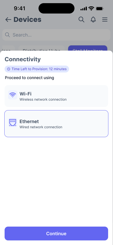 Phone screen showing 2 connectivity options for Wi-Fi and Ethernet, with the Ethernet option selected.
