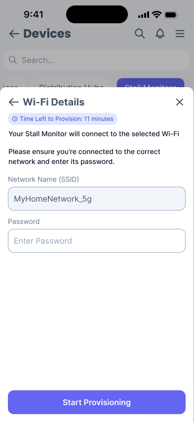 Phone screen showing the selected Wi-Fi network and an input field for the user to enter their password.