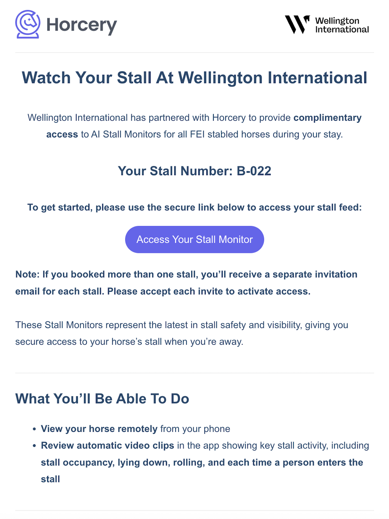 Snapshot of an invitation email from a Horcery partner organization, inviting the user to accept complimentary access to a stall monitor to test out the technology