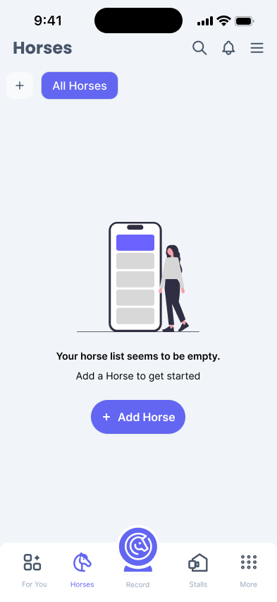 Phone screen showing an empty Horses page on the Horcery mobile app