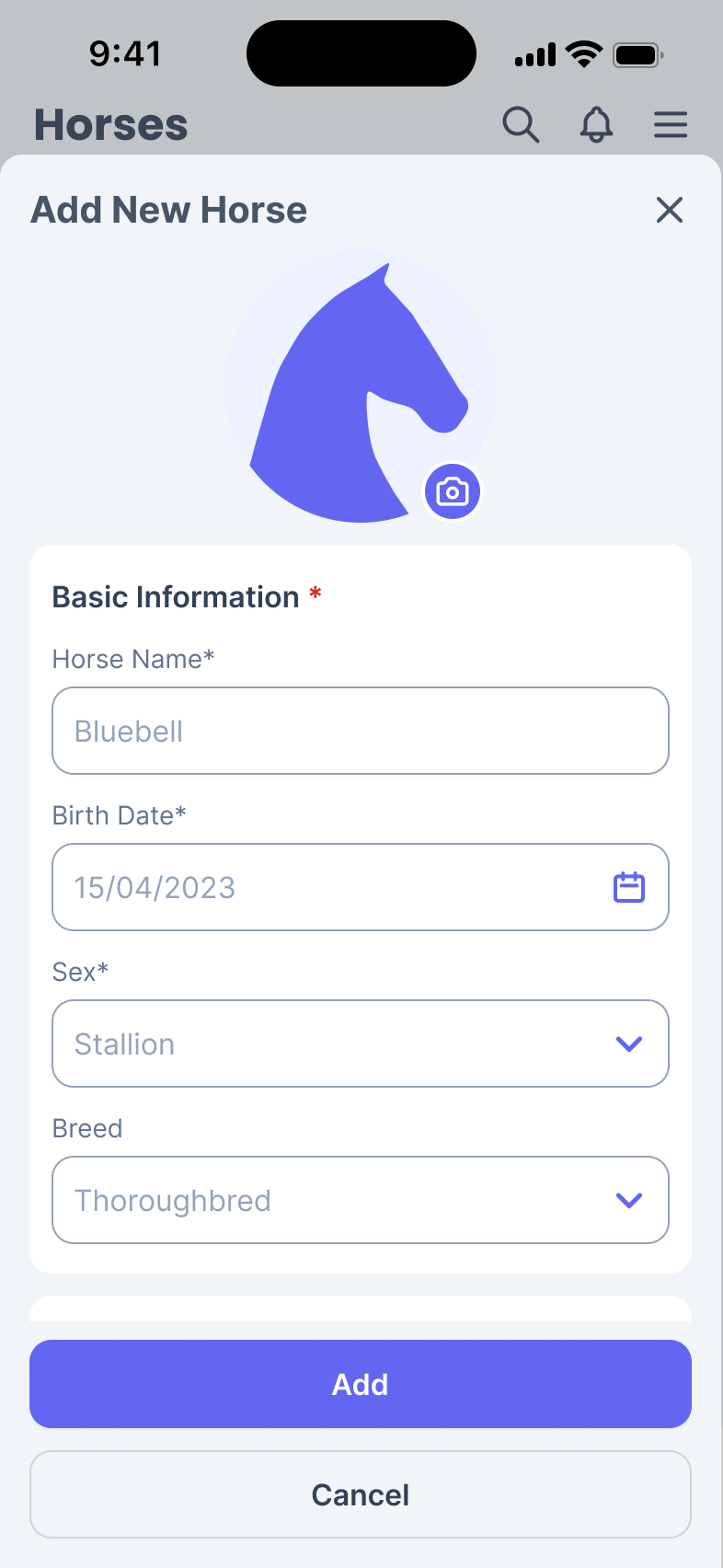 Phone screen with a form to enter a new horse’s details on the Horcery app