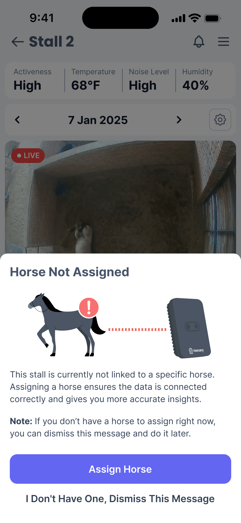 Phone screen of the Horses page updated with video feed showing for Apollo and a tag added to the base of Apollo’s card stating that they are in their stall. 