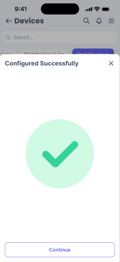 Phone success screen with a large green tick mark, titled 'Configured Successfully'.