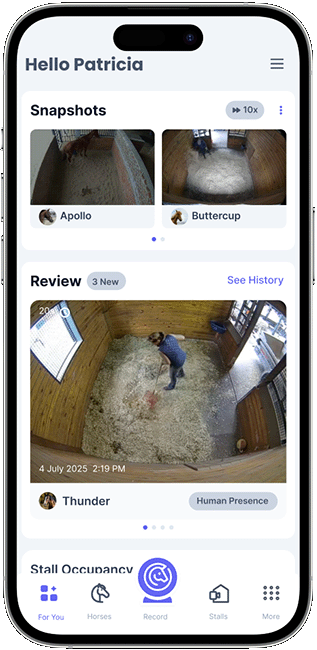 A smartphone screen displaying the Horcery app interface with a greeting that says “Hello Patricia.” The screen shows camera snapshots of horses named Apollo and Buttercup for the last 2 hours at 10x speed, and a review video feed of a horse named Thunder in a stall with a person present, marked "Human Presence". The bottom navigation includes icons labeled For You, Horses, Record, Stalls, and More.