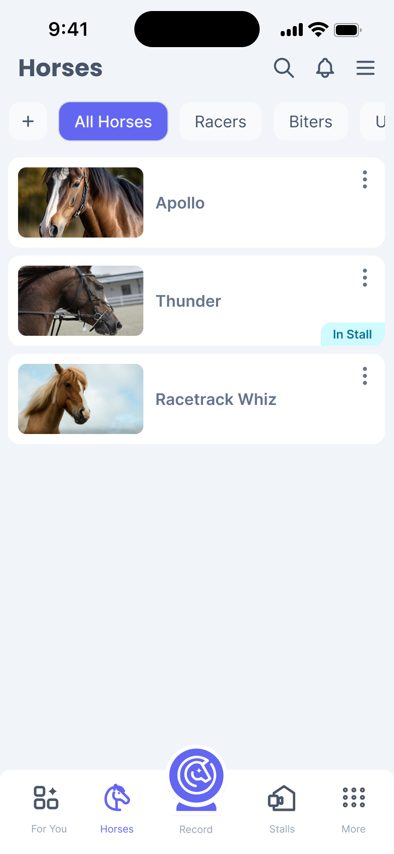 Phone screen showing the same Horses page with an added horse named Apollo