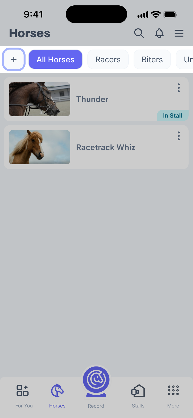 Phone screen showing the top section of the Horses page where the group tabs and + button are highlighted