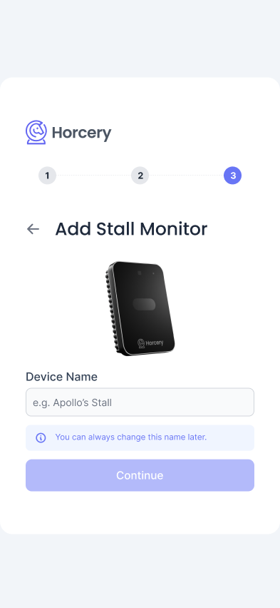 Phone screen with an image of a Stall Monitor and a text input field to add a device name