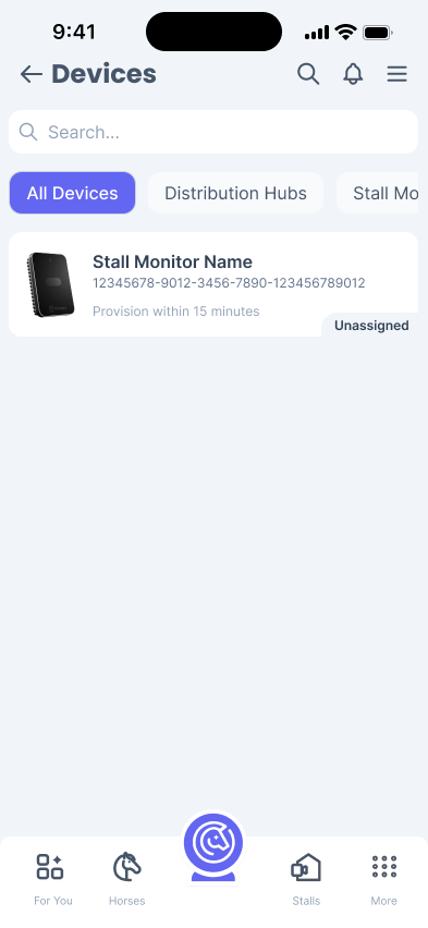 Phone screen showing a Device page with a Stall monitor card at the top. The card has an 'unassigned' tag and says that it has to be provisioned within 15 minutes.