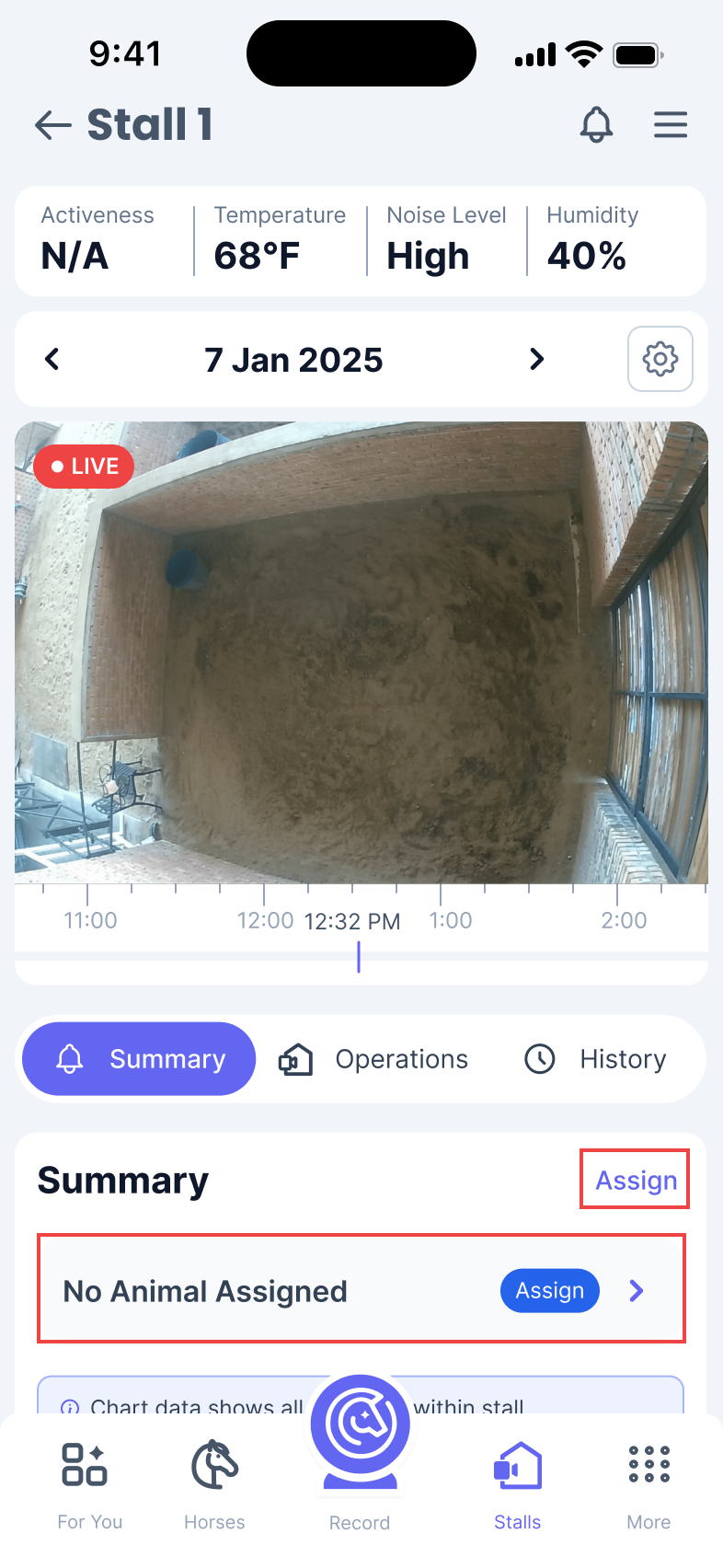 Phone screen of a page titled Stall 1. The video feed on the page shows an empty stall and 2 ‘Assign’ buttons are highlighted on the page.