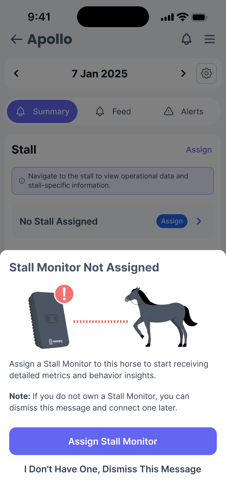 Phone screen showing a page called Apollo in the background and a pop-up titled ‘Stall Monitor Not Assigned’. The pop-up has 2 buttons - 1 to assign a stall monitor and one to dismiss the message.