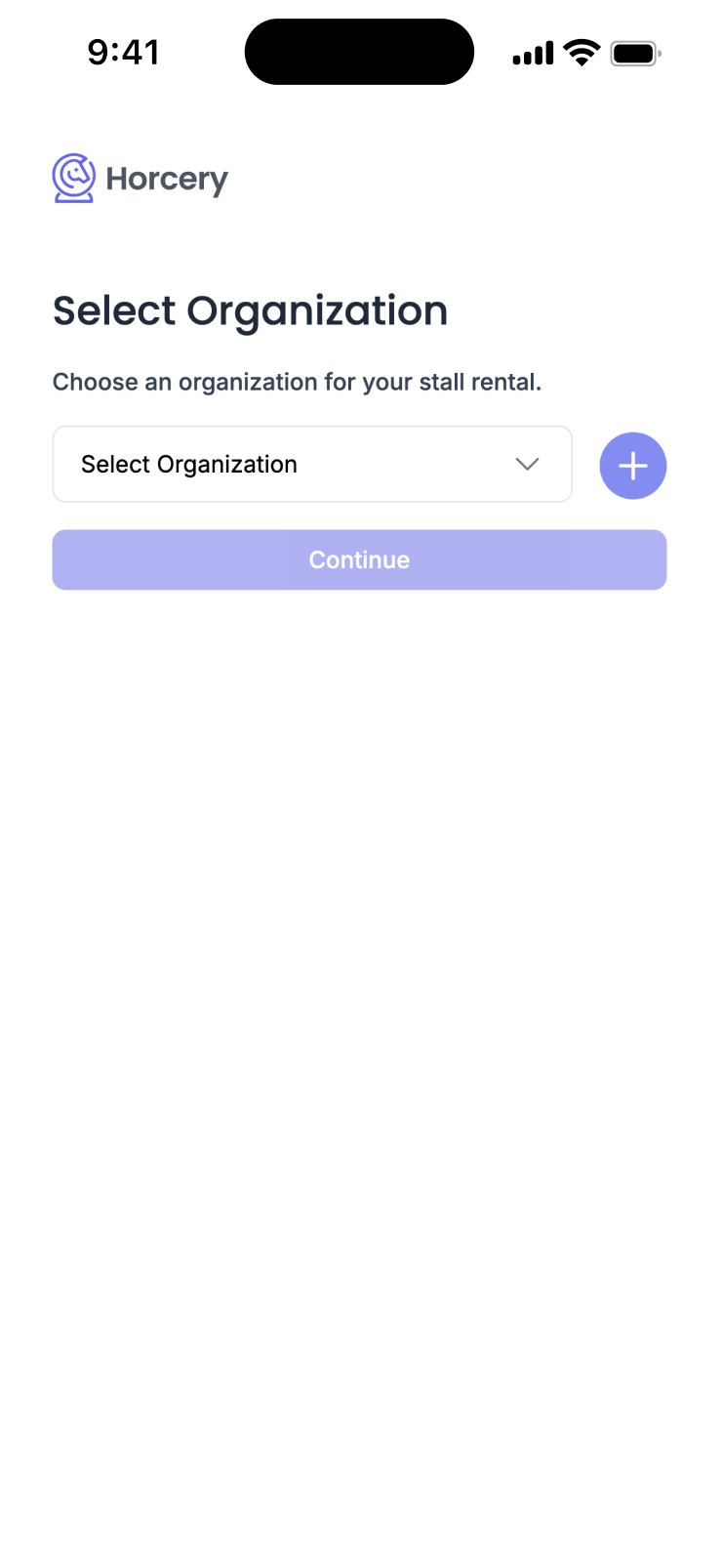 Phone screen showing an empty Horses page on the Horcery mobile app