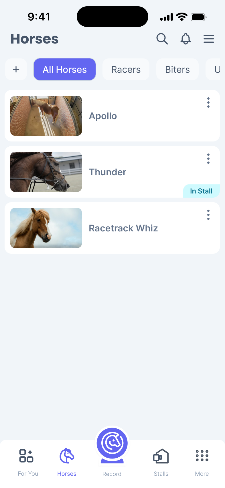 Phone screen of the Horses page updated with video feed showing for Apollo and a tag added to the base of Apollo’s card stating that they are in their stall. 