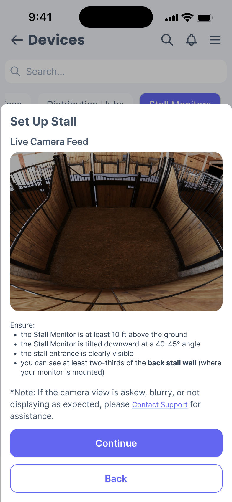 Phone screen showing a live camera feed and some notes for the user to position their camera correctly.