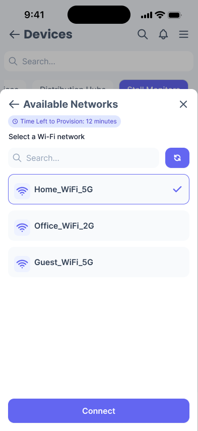 Phone screen titled 'Available Networks' showing a list of networks that the user can connect to.