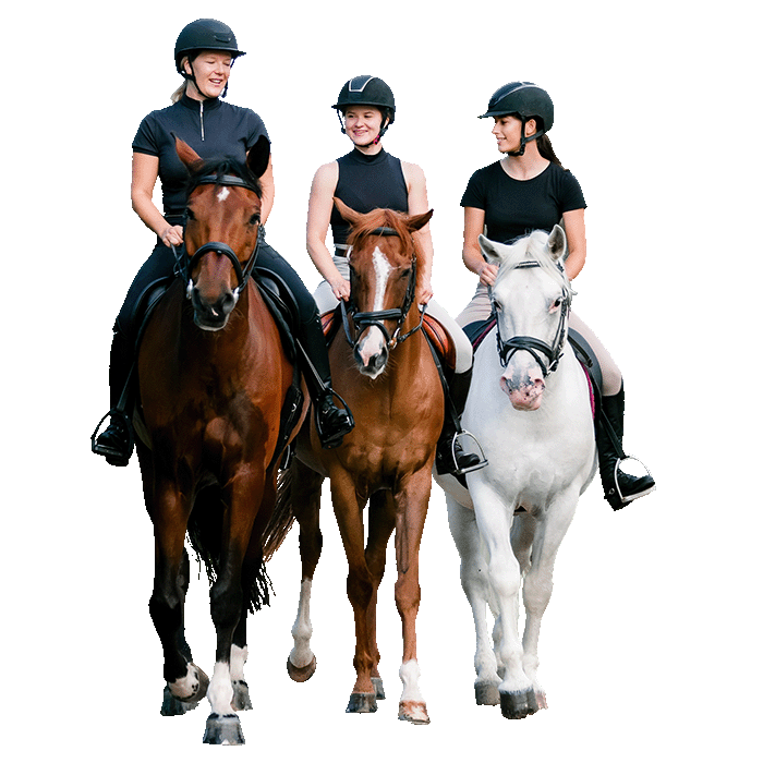 Three female equestrians in riding helmets and black tops ride side by side on a brown, chestnut, and white horse, smiling and engaging with each other.