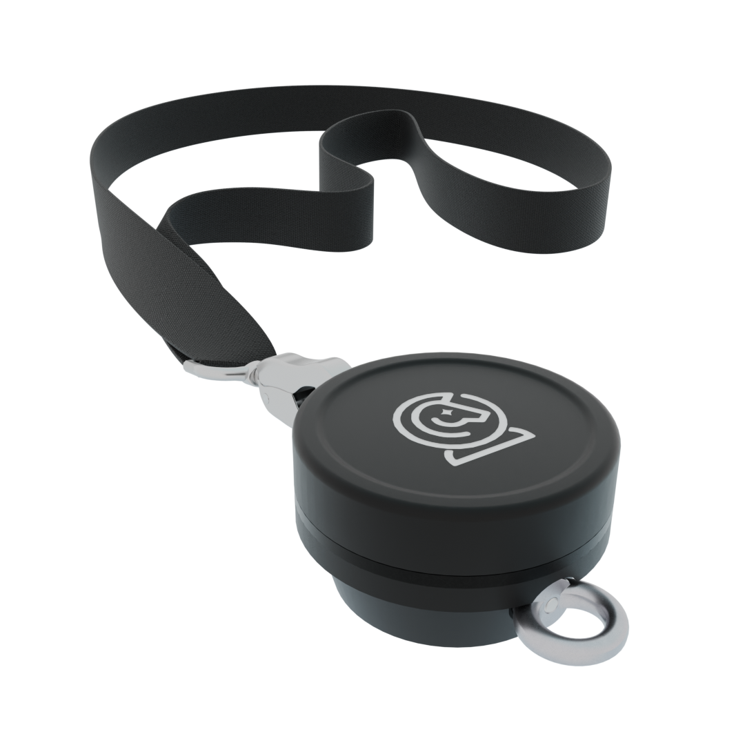 A close-up of the Horcery Bucket Meter, featuring a sleek black circular casing with the Horcery logo on top. Attached is a sturdy black strap with a silver clip, designed for easy fastening.