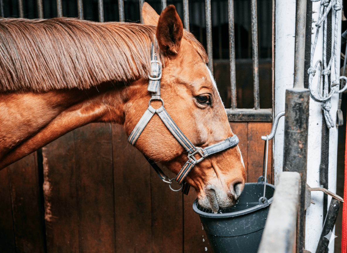 A chestnut horse with a halter drinks water from a black bucket attached to its stall gate. Overlaid on the image is a water consumption dashboard showing 15 gallons left, a current rate of 3.7 gallons per hour (↑10%), and a total of 10.1 gallons consumed today, marked as “Usual.”