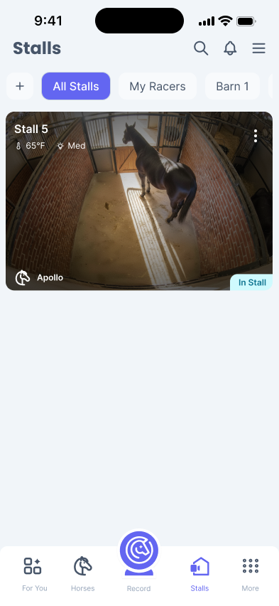 Phone screen of the Horses page updated with video feed showing for Apollo and a tag added to the base of Apollo’s card stating that they are in their stall. 