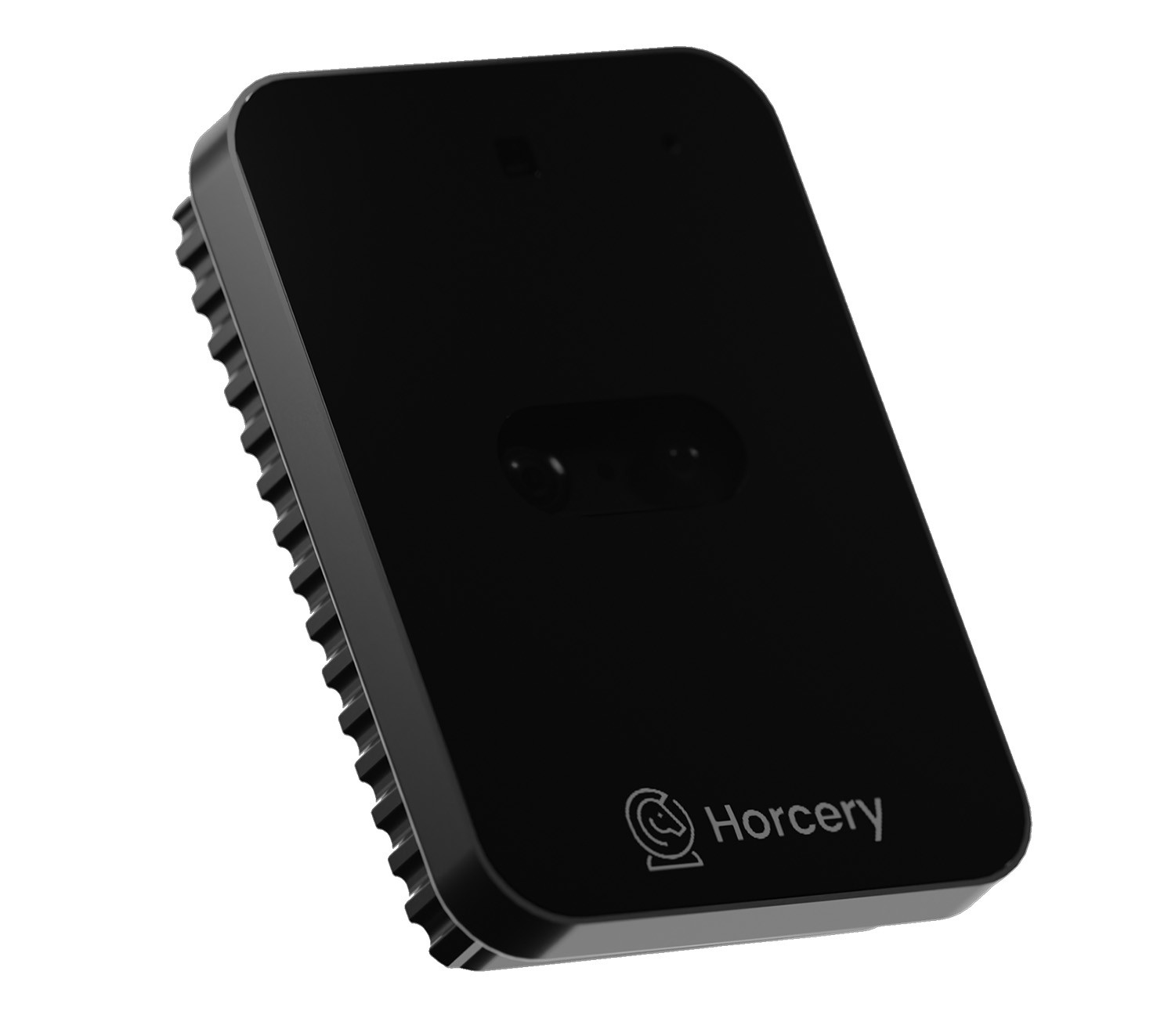 A close-up product image of the Horcery Stall Monitor device in sleek matte black, featuring dual sensors and the Horcery logo at the bottom. The unit has a compact, modern design.