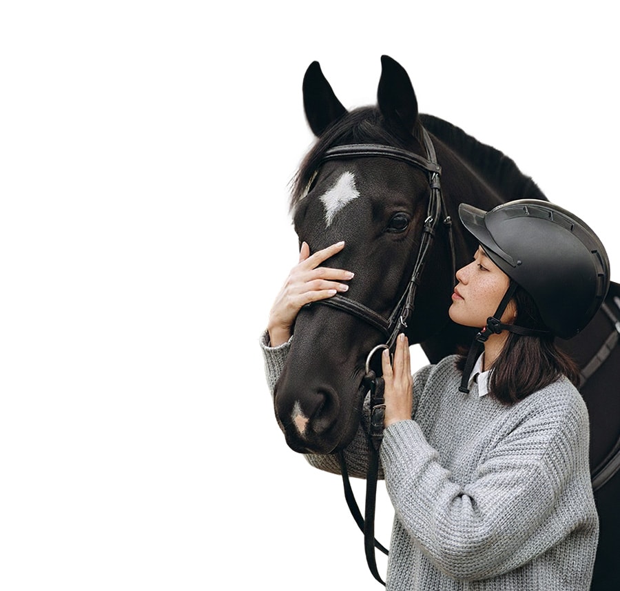 A young woman in a riding helmet gently holds the face of a black horse with a white star marking, showing a close bond. Overlaid on the image are three data charts displaying weekly trends in Activeness (marked as “Higher”), Rolling (marked as “Alert”), and Human Presence (marked as “Usual”) using icons, color-coded bars, and weekday labels.
