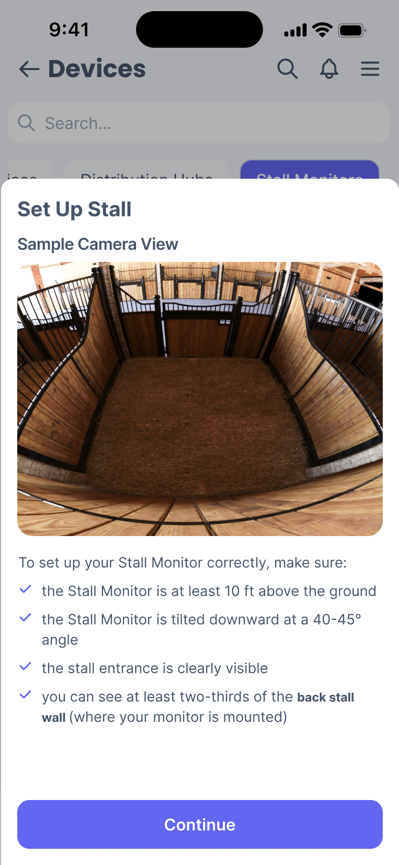 Phone screen of the Horses page updated with video feed showing for Apollo and a tag added to the base of Apollo’s card stating that they are in their stall. 