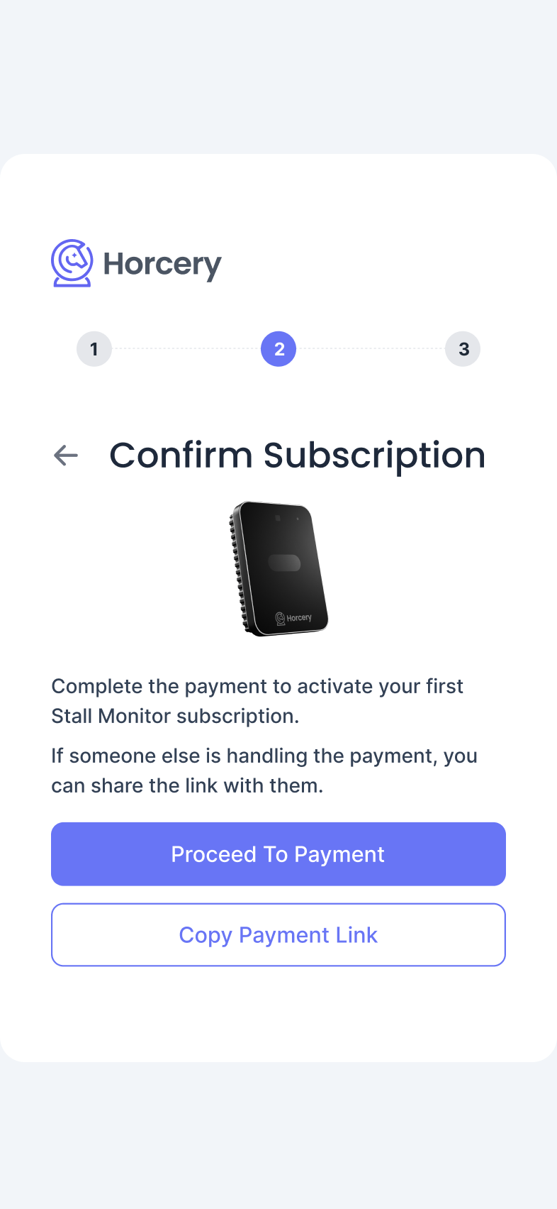 Phone screen titled 'Confirm Subscription' showing an image of a Stall Monitor and giving the user two options - Proceed to Payment or Copy Payment Link.