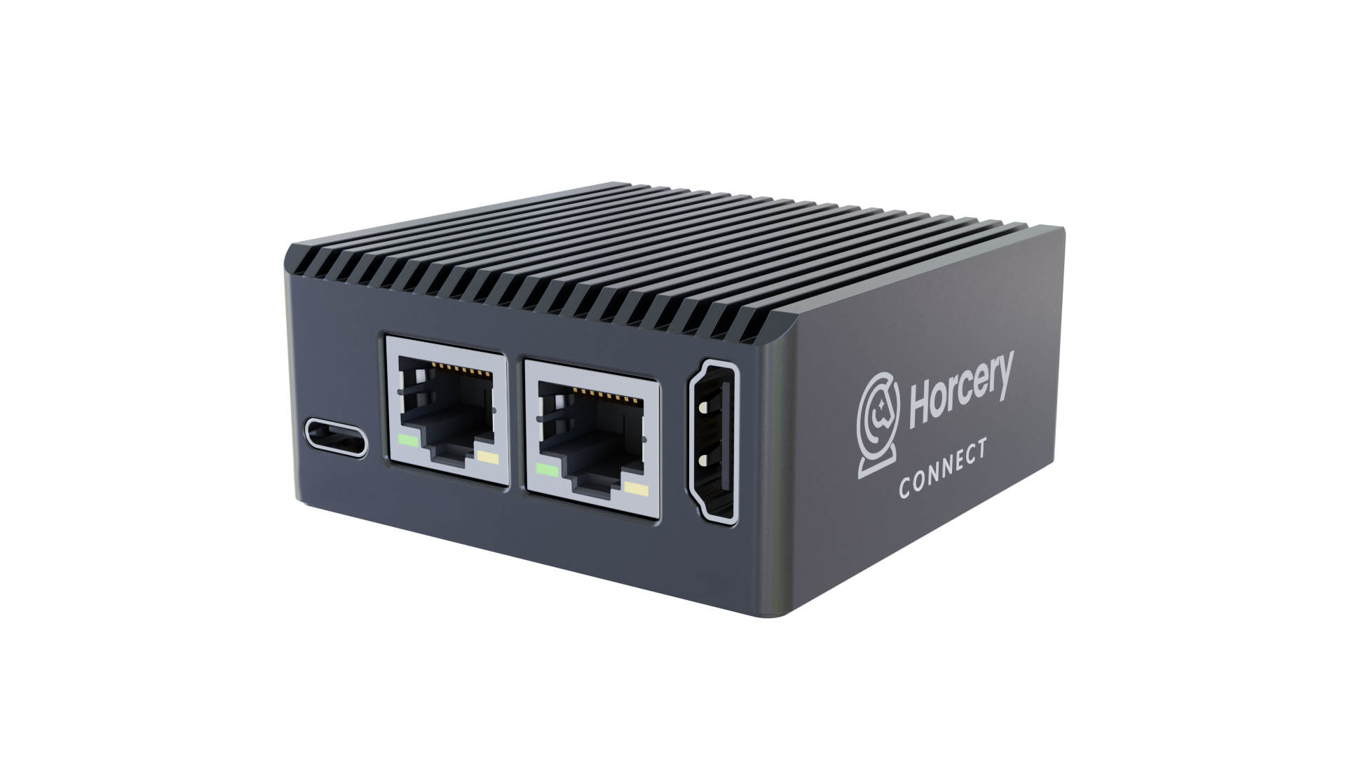 A compact Horcery Connect device featuring two Ethernet ports, a USB-C port, and an HDMI output. The unit has a black metal casing with grooves and the Horcery logo printed on the side, designed for wired setups to enhance connectivity and data reliability.