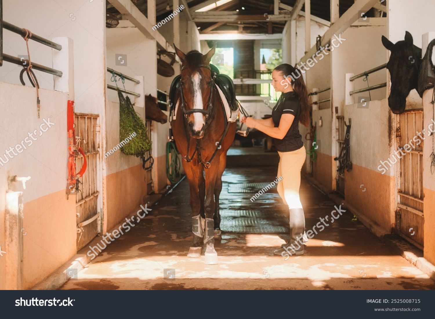 A Horcery Alert notification reads: “3 people have entered Stall 3 in the last hour. Tap to view video of each entry.” Below it, a live video feed shows a person cleaning a horse stall named Thunder, timestamped 4 July 2025, 2:19 PM. The background features a blurred stable interior with wooden walls and hanging lights.